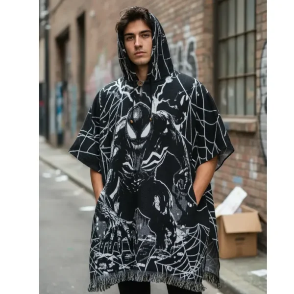 Morlan Poncho Venom Negro con Capucha 80% Lana