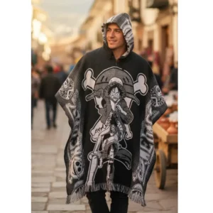 Morlan Poncho One Piece Negro-Gris con Capucha 80% Lana