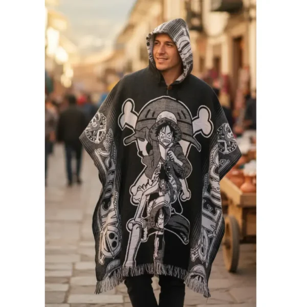 Morlan Poncho One Piece Negro-Gris con Capucha 80% Lana