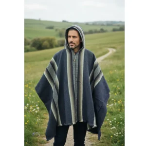 Poncho de Huaso de Lana de Oveja Gris Rallas