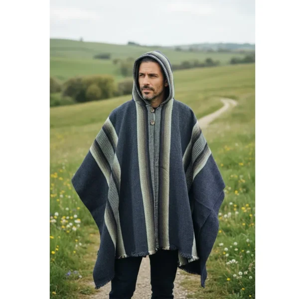 Poncho de Huaso de Lana de Oveja Gris Rallas