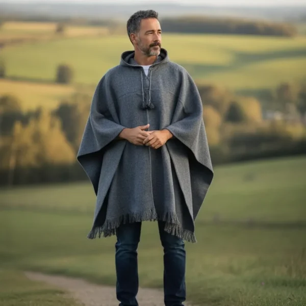 Poncho de Lana de Oveja Gris Claro